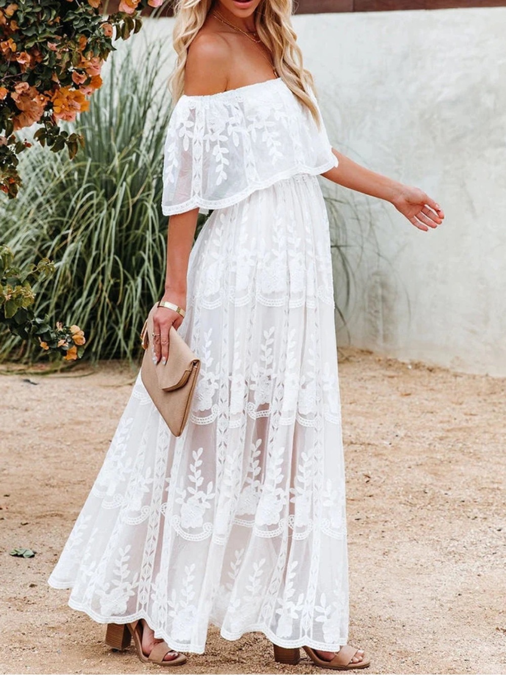 White Off-Shoulder Lace Maxi long gown bridesmaid wedding lace boho Dress - Picture 3 of 6